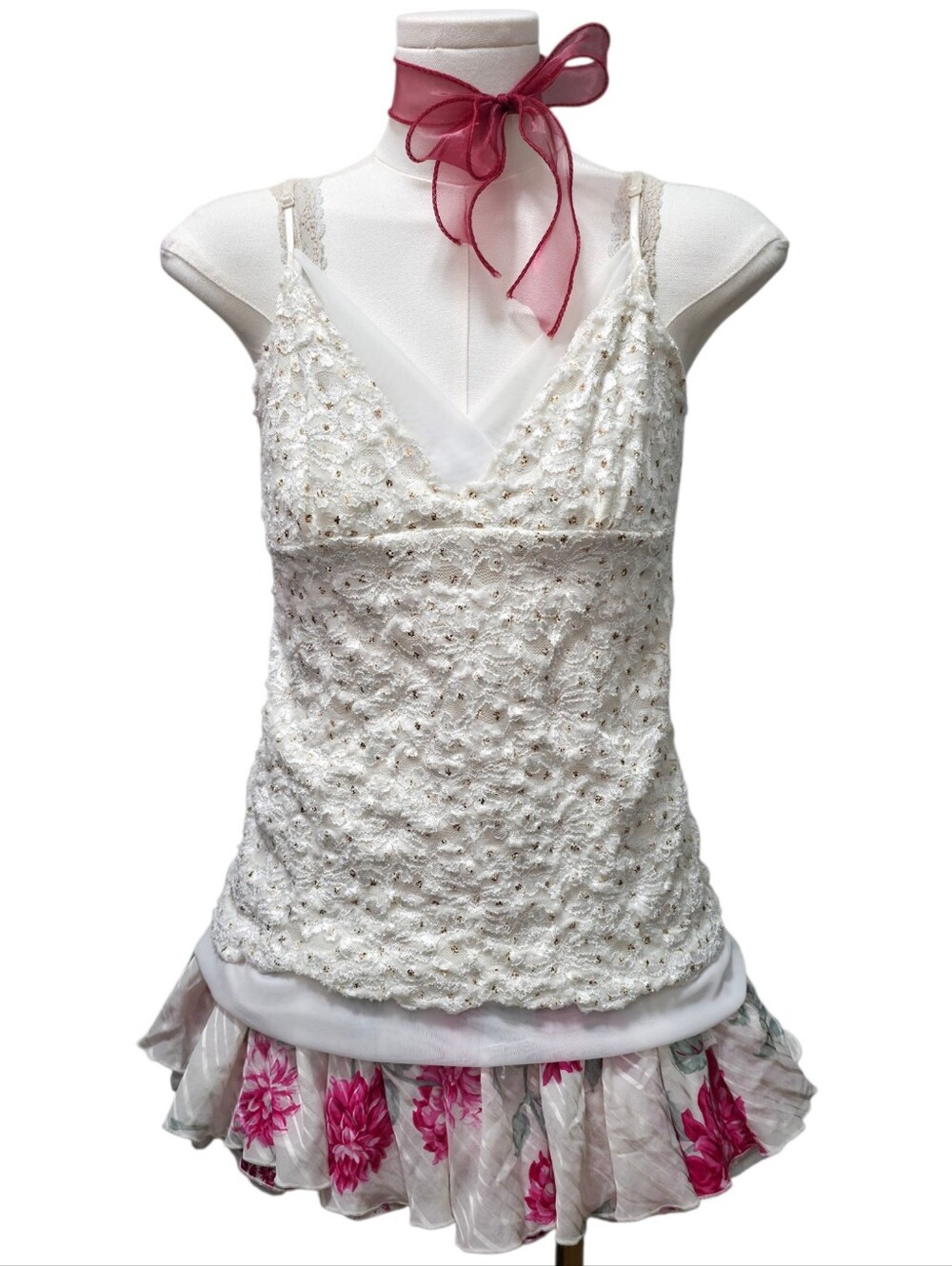 Kiwi adorable white cream lace glitter top camisole